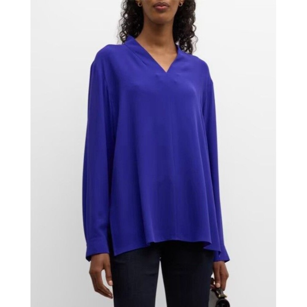 Eileen Fisher Royal Blue 100% Silk Georgette V-Neck Blouse Stretch Sz S